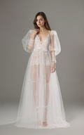 Luxury Sheer Lace Tulle Long Robe with Puff Sleeves | Bridal Boudoir Getting Ready Gown