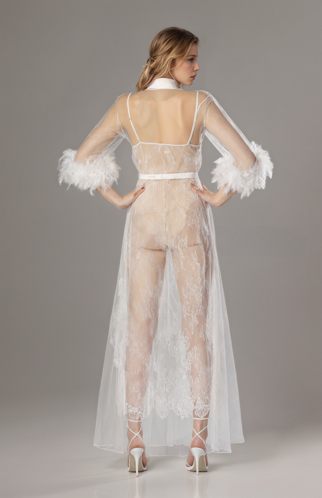 Luxury White Turkey Feather Lace Sheer Robe Dress Set | Bridal Getting Ready Gown