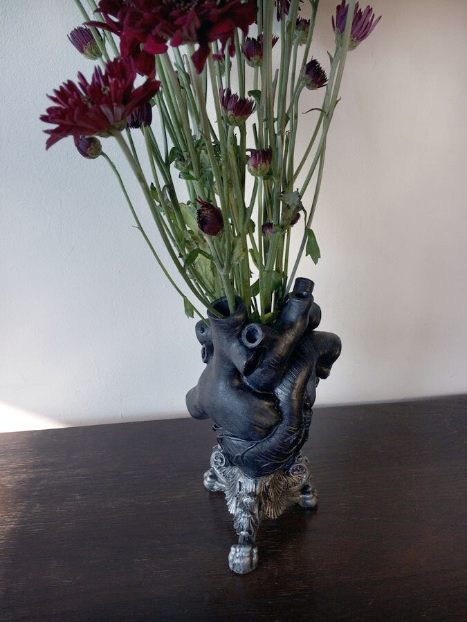 Anatomical Heart Vase, Black Finish | Unique Gothic Home Decor | Resin Sculpture Flower Vase, Medical Gift and Gothic Home Decor