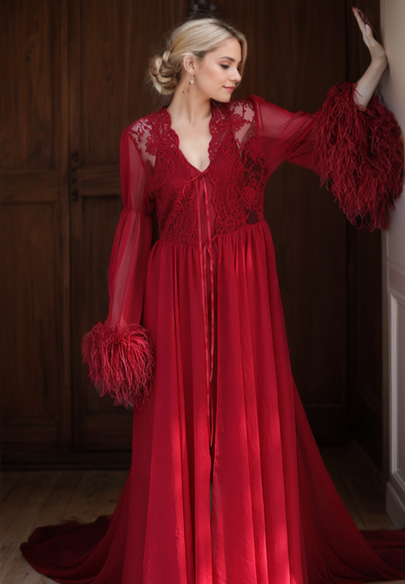 Ethereal Lace & Feather-Trimmed Sheer Bridal Robe – Vintage Luxury Loungewear
