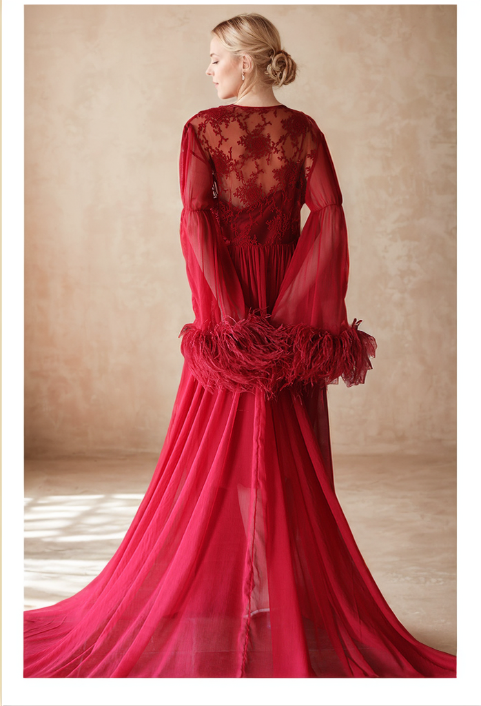 Ethereal Lace & Feather-Trimmed Sheer Bridal Robe – Vintage Luxury Loungewear