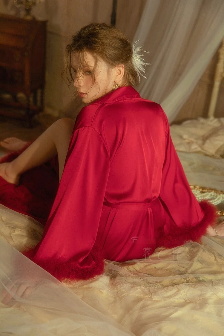 Elegant Satin Feather-Trimmed Robe & Nightdress Set - Luxury Bridal & Lounge Wear