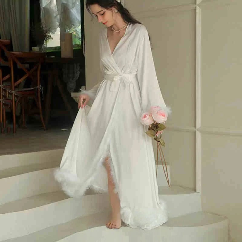 Elegant Satin Feather-Trimmed Robe & Nightdress Set - Luxury Bridal & Lounge Wear