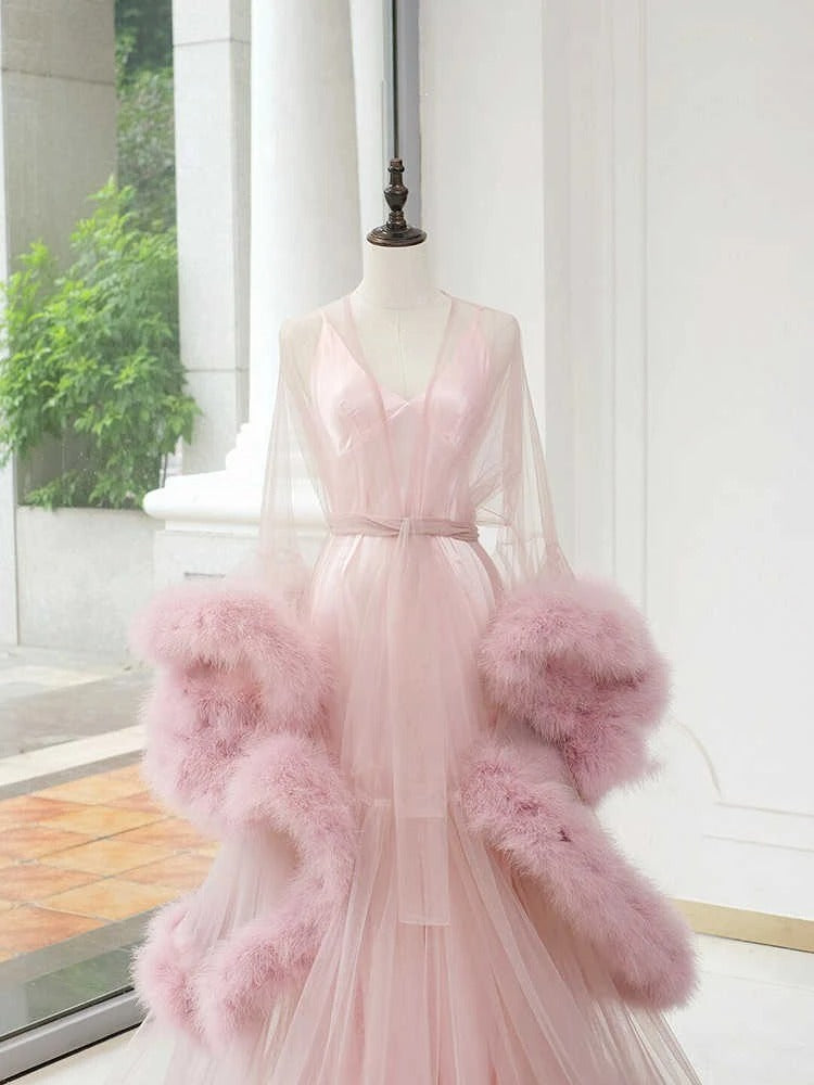 Elegant 1-Layer Thick Turkey Feather Fringe Hem Long Tulle Robe with Nightgown