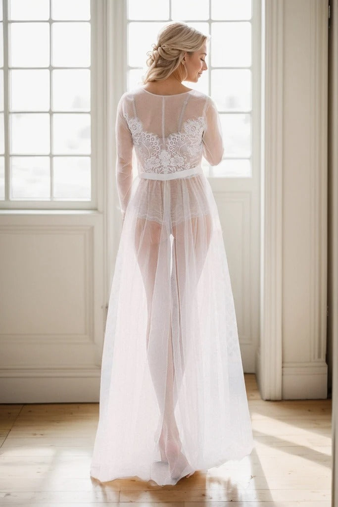 Elegant Sheer Lace Bridal Robe – Long-Sleeve See-Through Lingerie Gown