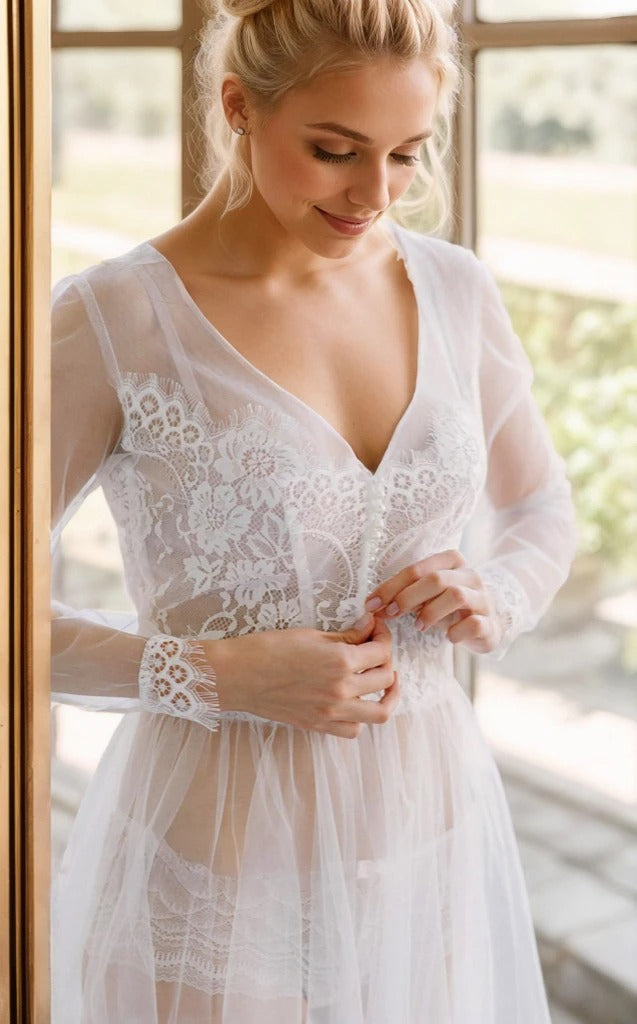Elegant Sheer Lace Bridal Robe – Long-Sleeve See-Through Lingerie Gown