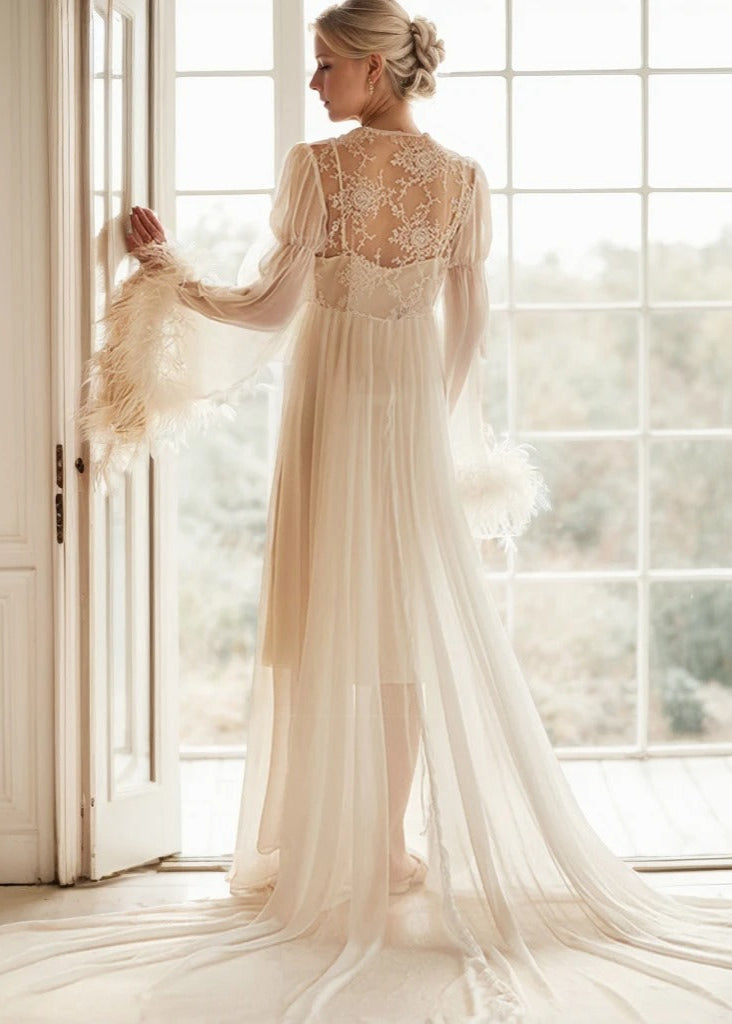 Ethereal Lace & Feather-Trimmed Sheer Bridal Robe – Vintage Luxury Loungewear