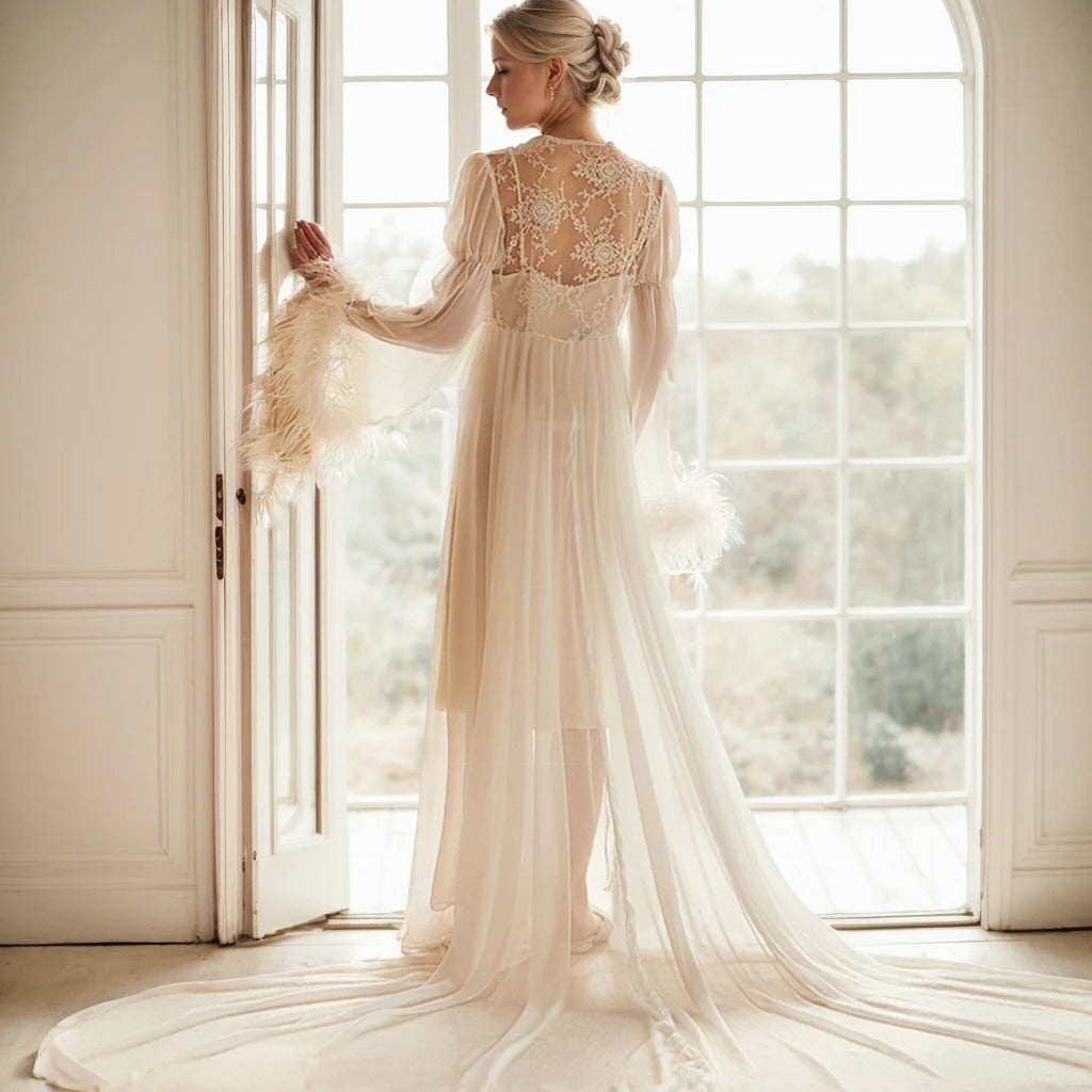 Ethereal Lace & Feather-Trimmed Sheer Bridal Robe – Vintage Luxury Loungewear