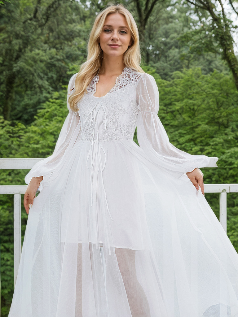 Boho Lace Embroidered Long Sheer Robe Set with Camisole Dress