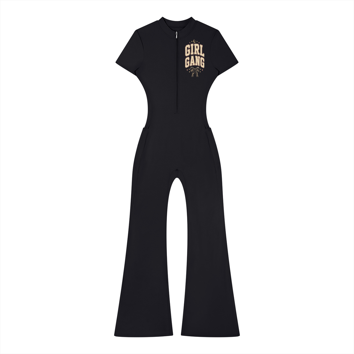 A Little Naughty Never Hurt Anyone Girl Gang Women’s Tight Flared Leg Quarter-Zip Jumpsuit