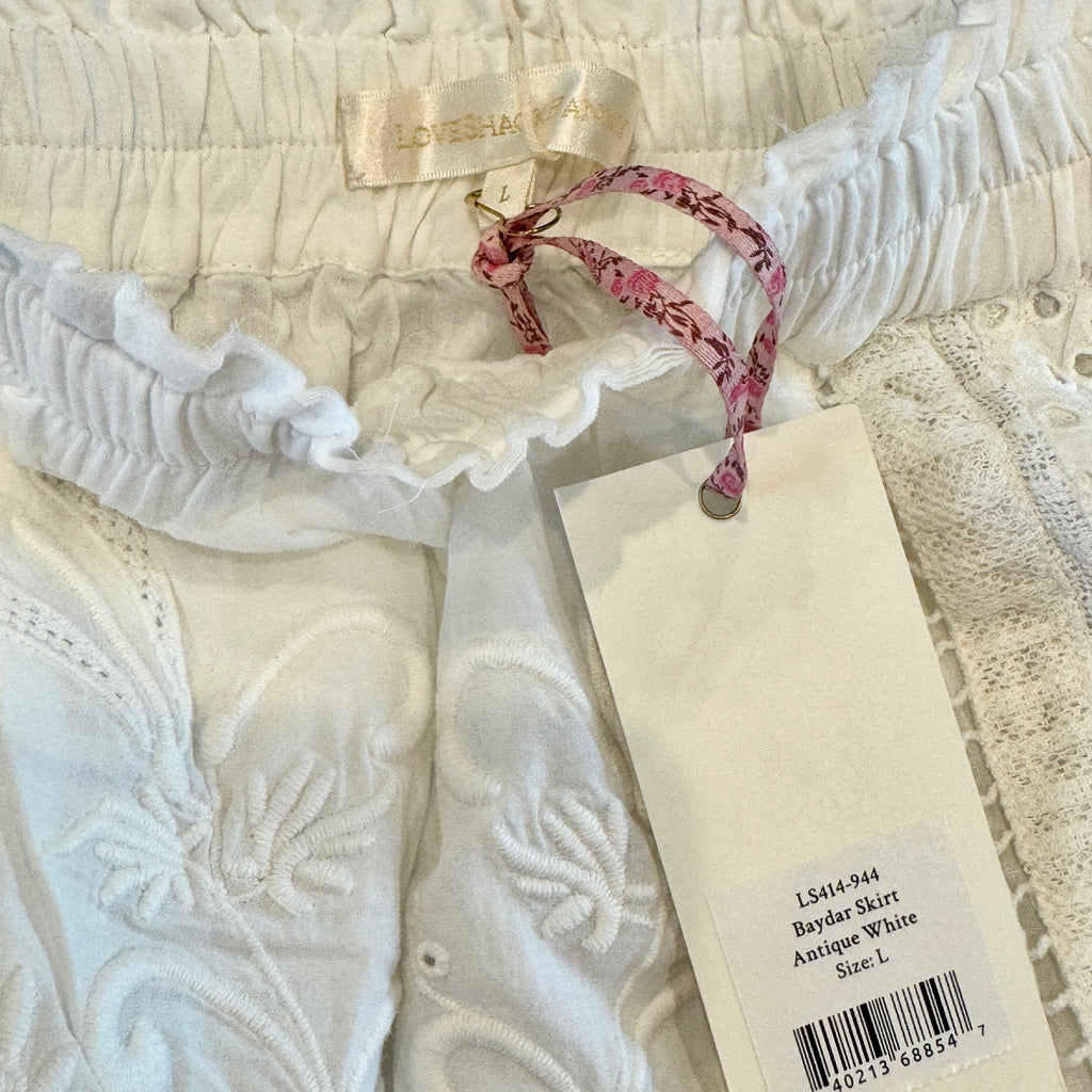 LoveShackFancy Baydar antique White lace eyelet mini skirt brand new