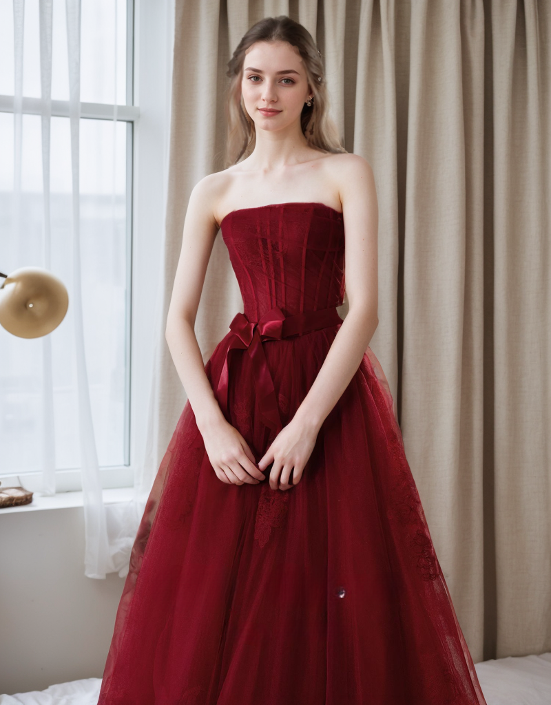 Elegant Strapless Burgundy Tulle Ball Gown with Corset Back and Ribbon Tie