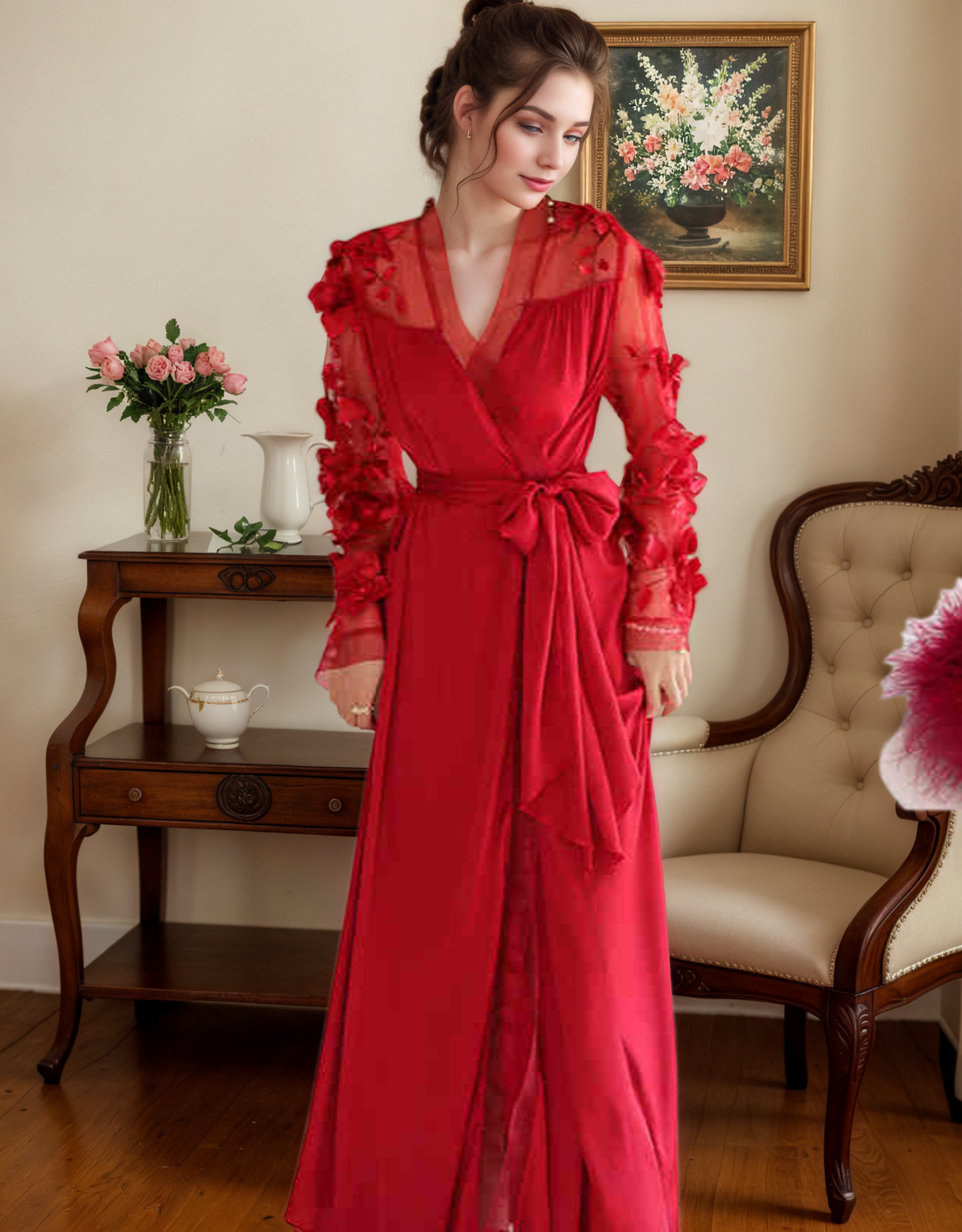 3D Floral Appliqué Sheer Sleeve Satin Robe – Wine Red or Ivory White