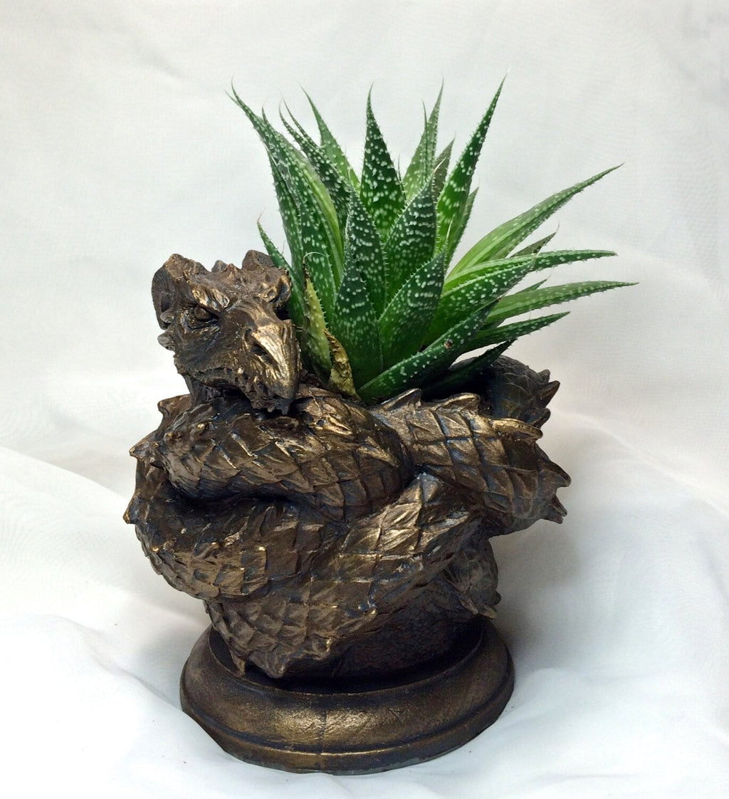 Coiled Dragon Planter, Bronze Finish |  Unique Mythic Creature Home Decor | Resin Sculpture Snake Vase, Fantasy Art and Gothic Home Decor