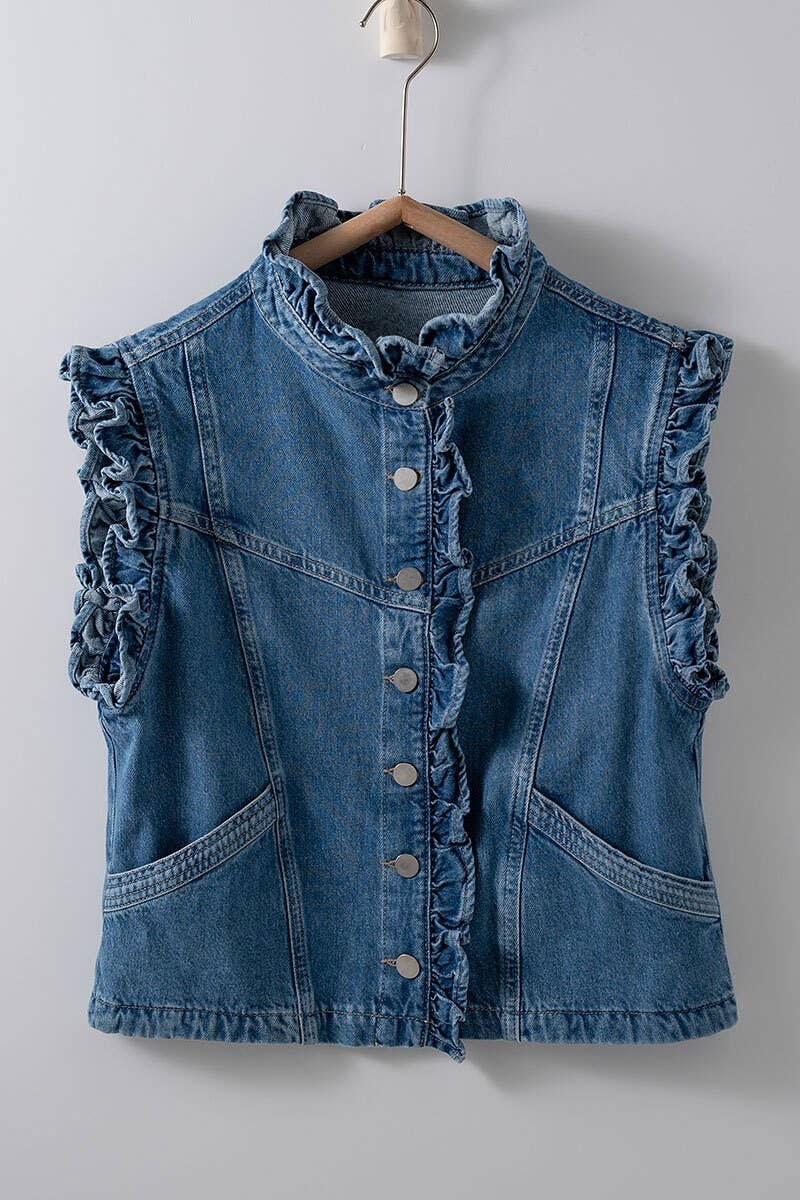 Victorian Muse Ruffle-Trim Denim Vest – High Collar Statement Layer