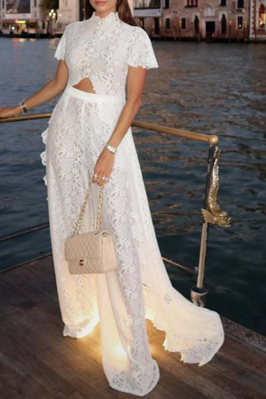 The Goddess In You Hestia 2 piece All Lace Short Sleeve top with a unique and Beautiful Train and wide leg pants to match