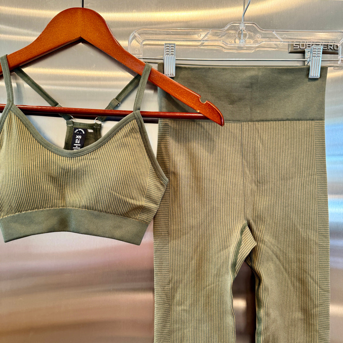 The Upside SET Seamless Ballet Bra and Ribbed Leggings in Khaki