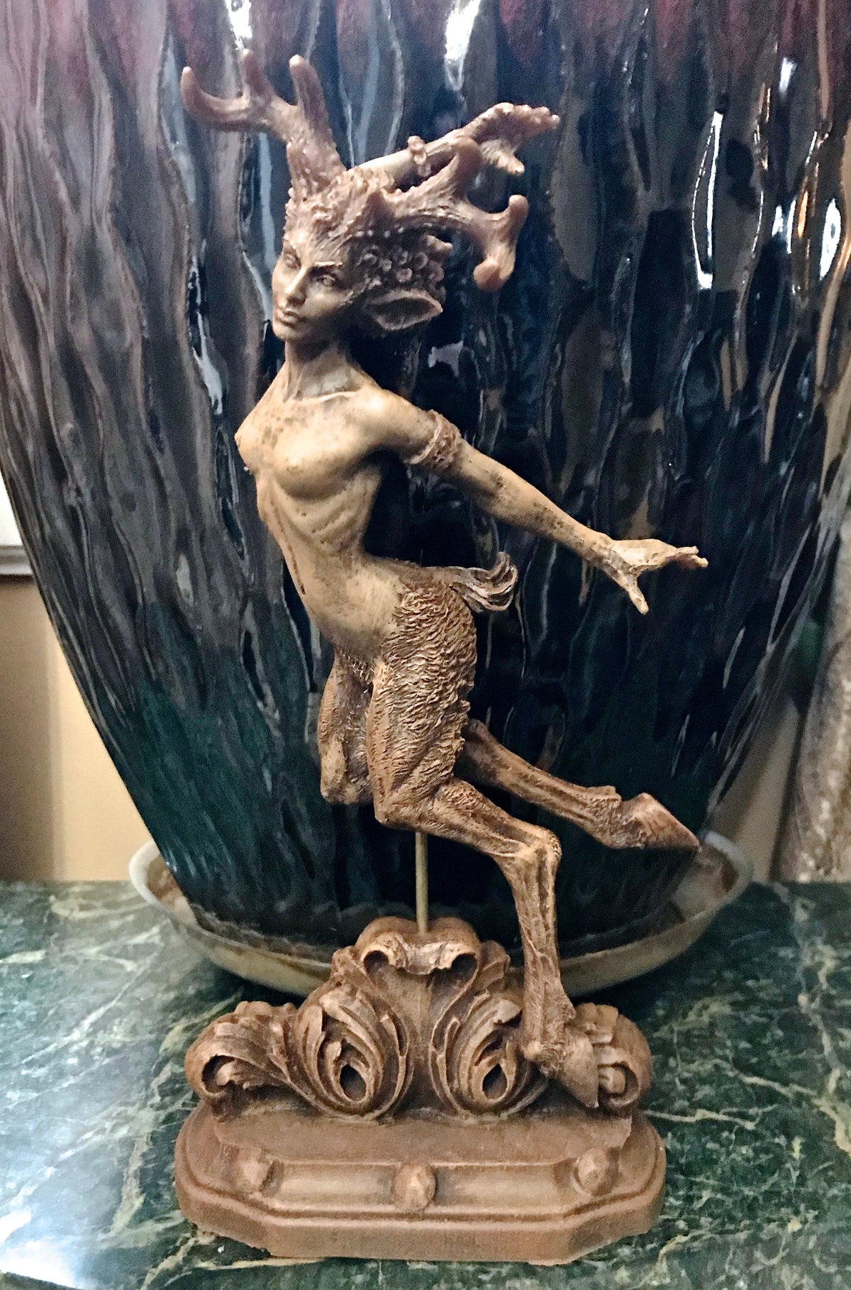 Faun Statue, Hand Painted Resin Sculpture | Mythical Forest Creature Figurine | Woodland Female Satyr Statue for Fantasy Art Decor