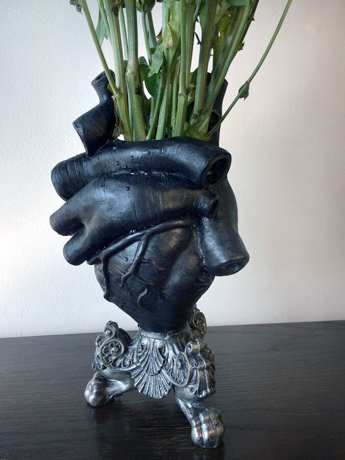 Anatomical Heart Vase, Black Finish | Unique Gothic Home Decor | Resin Sculpture Flower Vase, Medical Gift and Gothic Home Decor