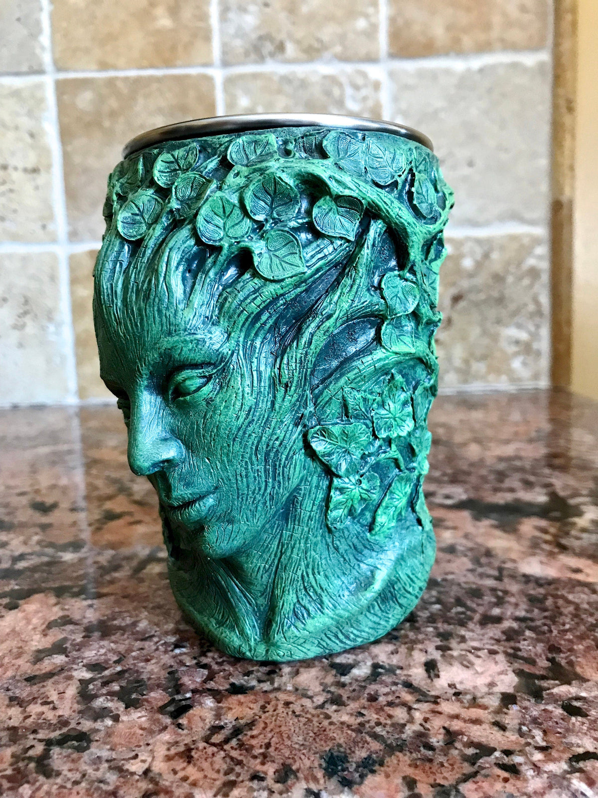 Dryad Mug, Green Hand Sculpted Resin Art Mug with Stainless Steel Liner| Fantasy Tree Spirit Mug, Witchy Cup Gift and Gothic Home Decor
