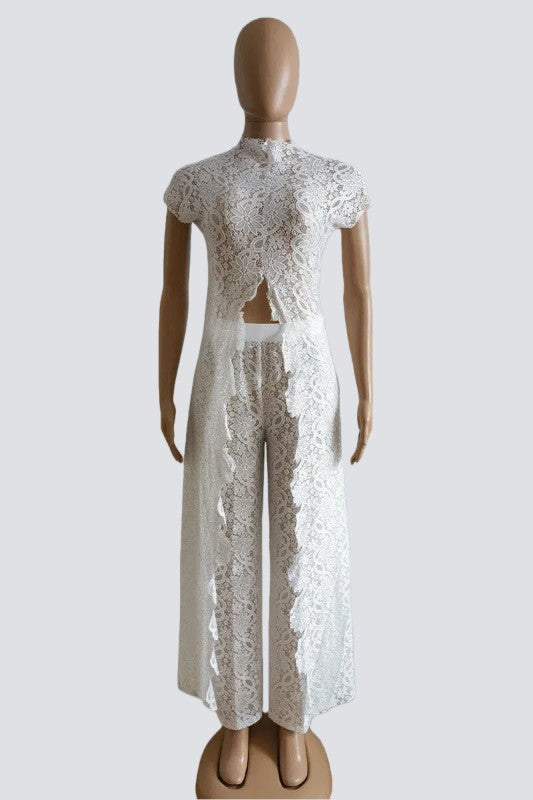 The Goddess In You Hestia 2 piece All Lace Short Sleeve top with a unique and Beautiful Train and wide leg pants to match