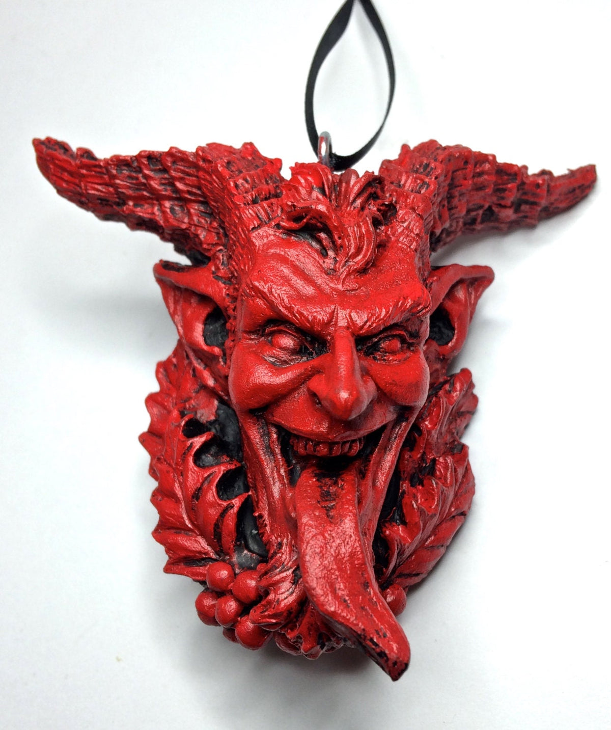 Krampus Head Ornament, Hand Painted Resin Sculpture | Mythical Creature Figurine | Unique Dark Christmas Demon for Gothic Holiday Decor