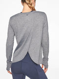 Athleta Gray Long Sleeve Workout Top with open Overlay Back Thumb Holes Size L