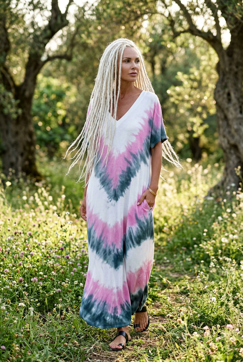 Boho Tie-Dye V-Neck Midi Dress w/ Pockets multiple colors