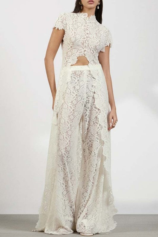 The Goddess In You Hestia 2 piece All Lace Short Sleeve top with a unique and Beautiful Train and wide leg pants to match