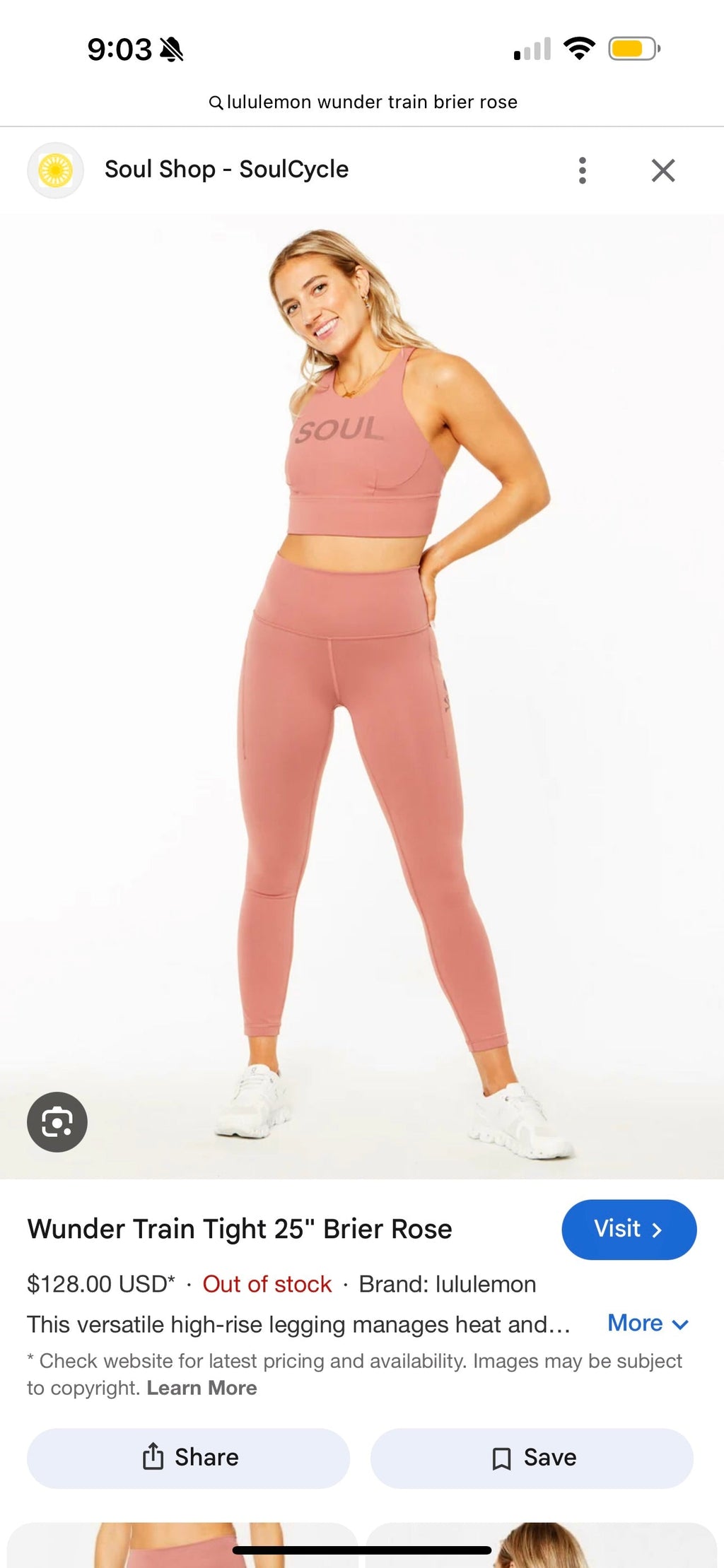 Lululemon x Soul Cycle Matching Set in Brier Rose Wunder Train Tight 25” and Long Line Bra