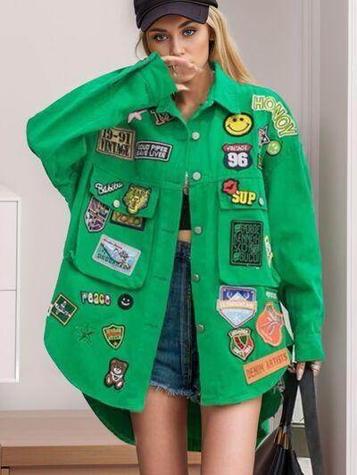 Patched Button Up Long Sleeve Denim Jacket-multiple colors