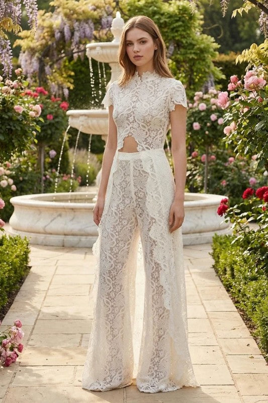 The Goddess In You Hestia 2 piece All Lace Short Sleeve top with a unique and Beautiful Train and wide leg pants to match