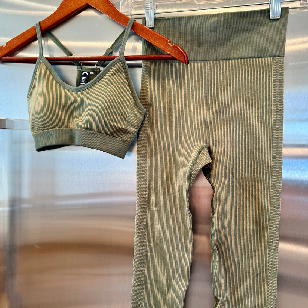 The Upside SET Seamless Ballet Bra and Ribbed Leggings in Khaki