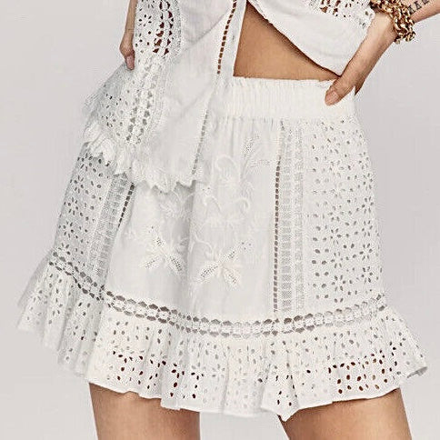 LoveShackFancy Baydar antique White lace eyelet mini skirt brand new