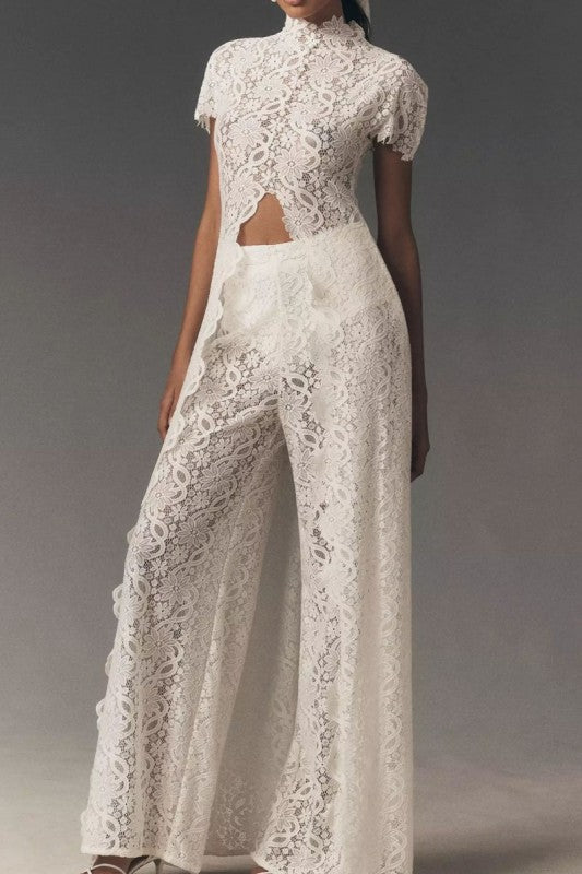 The Goddess In You Hestia 2 piece All Lace Short Sleeve top with a unique and Beautiful Train and wide leg pants to match