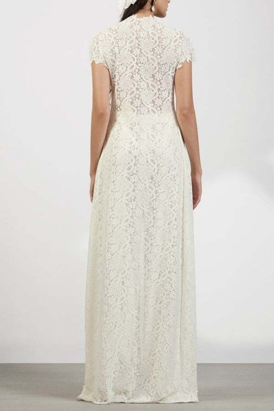 The Goddess In You Hestia 2 piece All Lace Short Sleeve top with a unique and Beautiful Train and wide leg pants to match