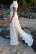 The Goddess In You Hestia 2 piece All Lace Short Sleeve top with a unique and Beautiful Train and wide leg pants to match