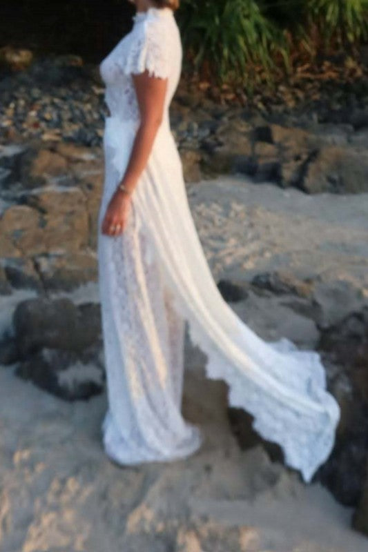 The Goddess In You Hestia 2 piece All Lace Short Sleeve top with a unique and Beautiful Train and wide leg pants to match