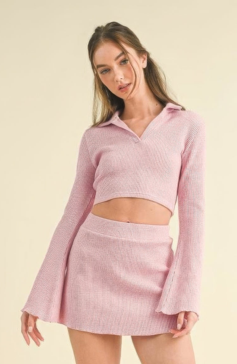 Waffle Knit Bell Sleeve Top And Skirt Set