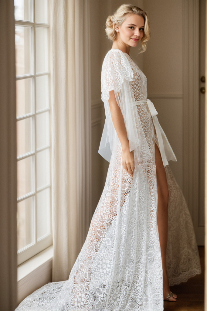 Chantilly Floral Lace Tulle Mesh Long Bridal Robe with Train