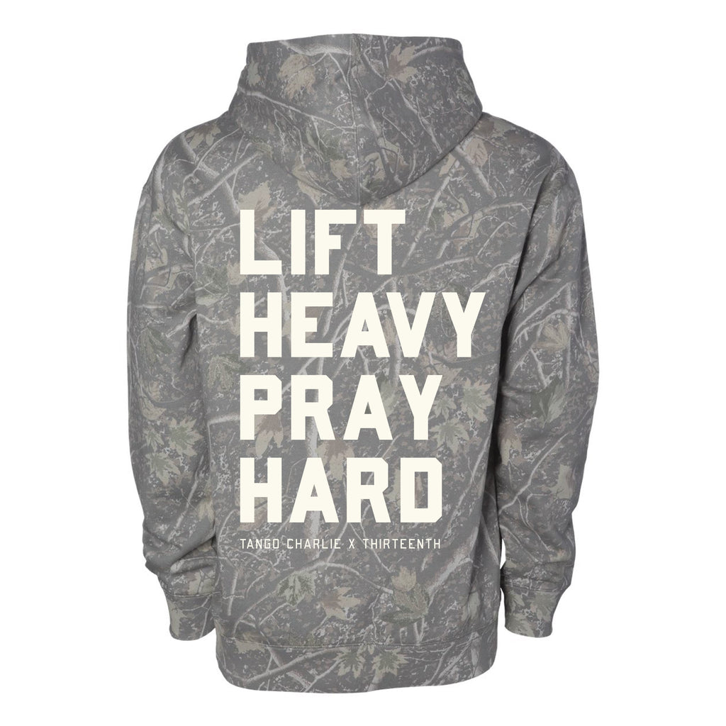 Lift Heavy. Pray Hard. - Premium Deadwood Camo Hoodie MENS UNISEX