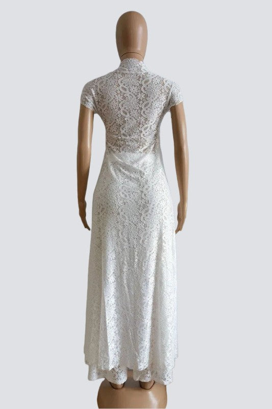 The Goddess In You Hestia 2 piece All Lace Short Sleeve top with a unique and Beautiful Train and wide leg pants to match
