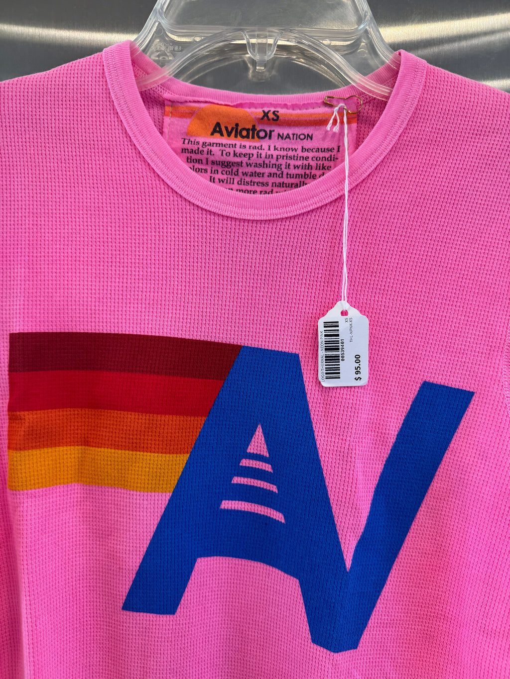 Aviator Nation Thermal Shirt with Classic AV Logo Neon Pink Unisex