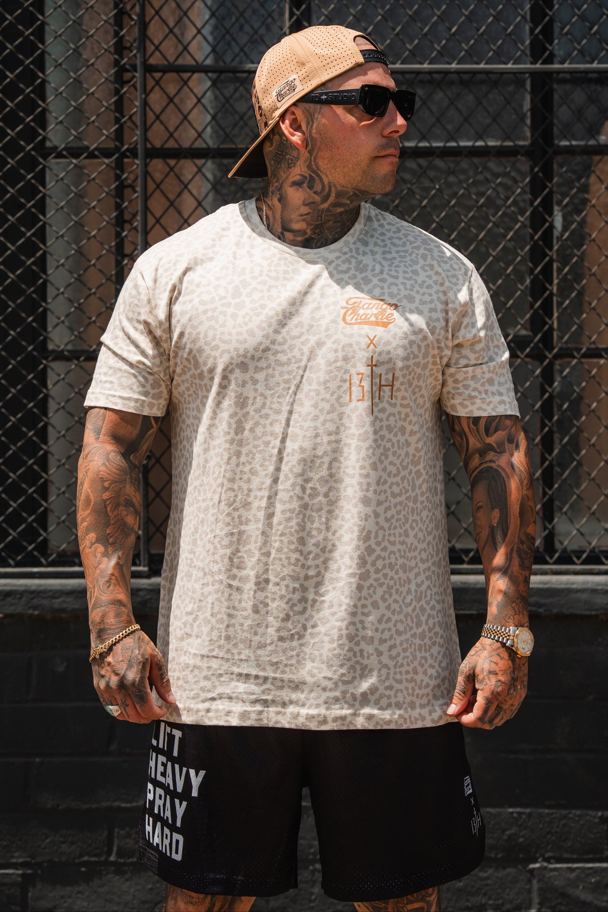 Lift Heavy. Pray Hard. Cream Leopard - Tee MENS UNISEX