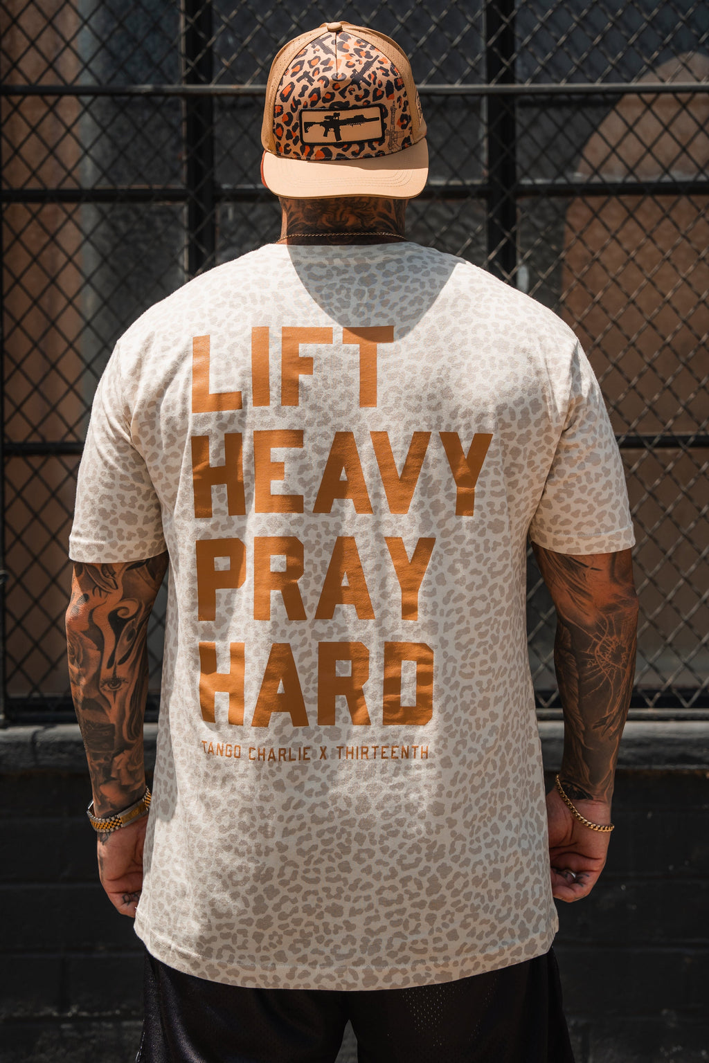 Lift Heavy. Pray Hard. Cream Leopard - Tee MENS UNISEX