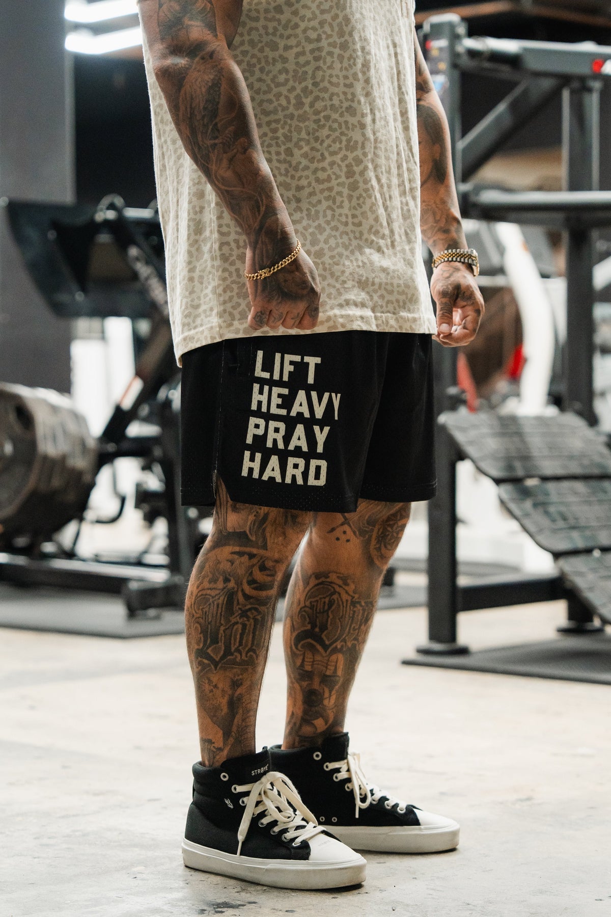 Lift Heavy Pray Hard printed Men's Mesh Lifestyle Shorts | 5.5"- Black unisex