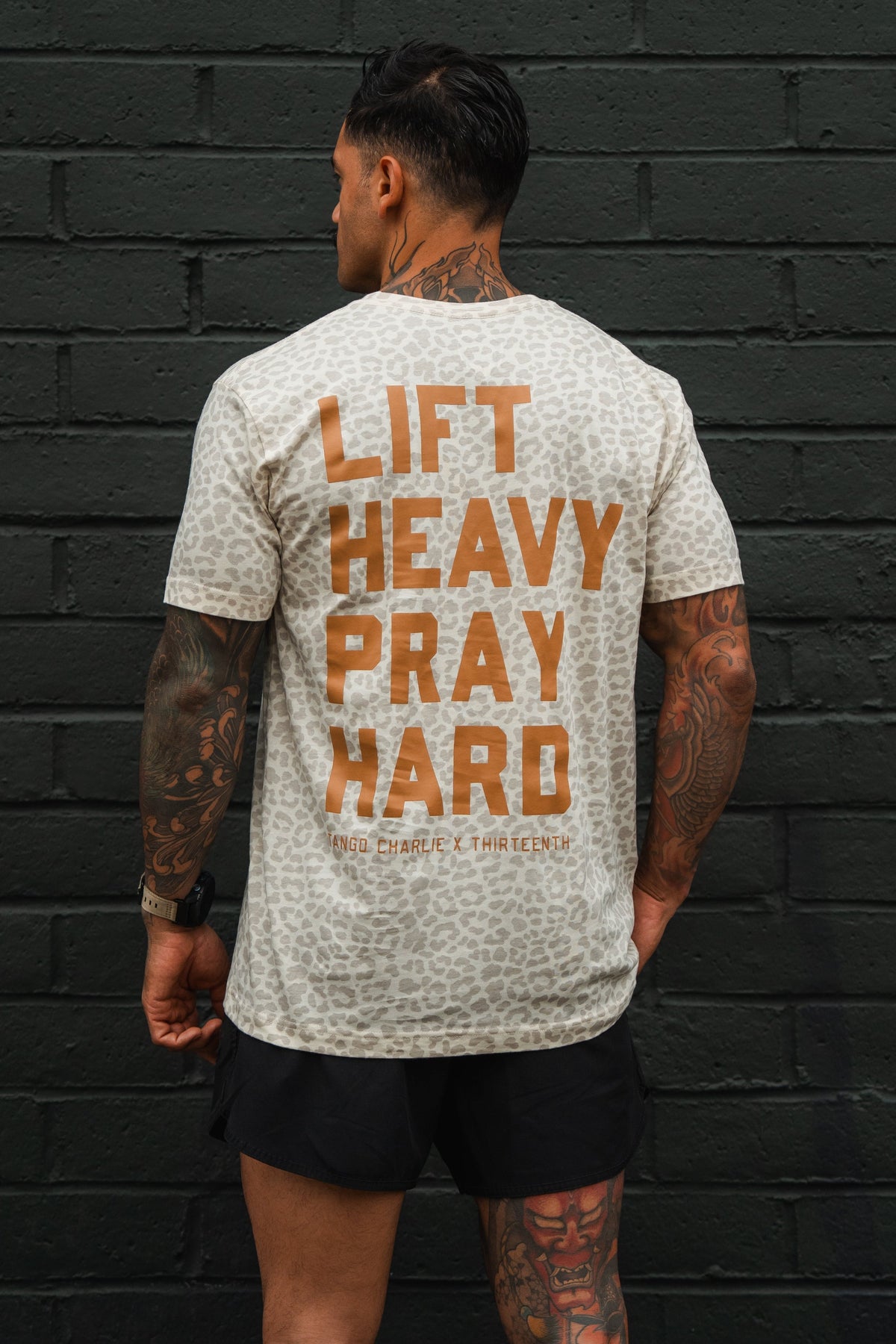Lift Heavy. Pray Hard. Cream Leopard - Tee MENS UNISEX