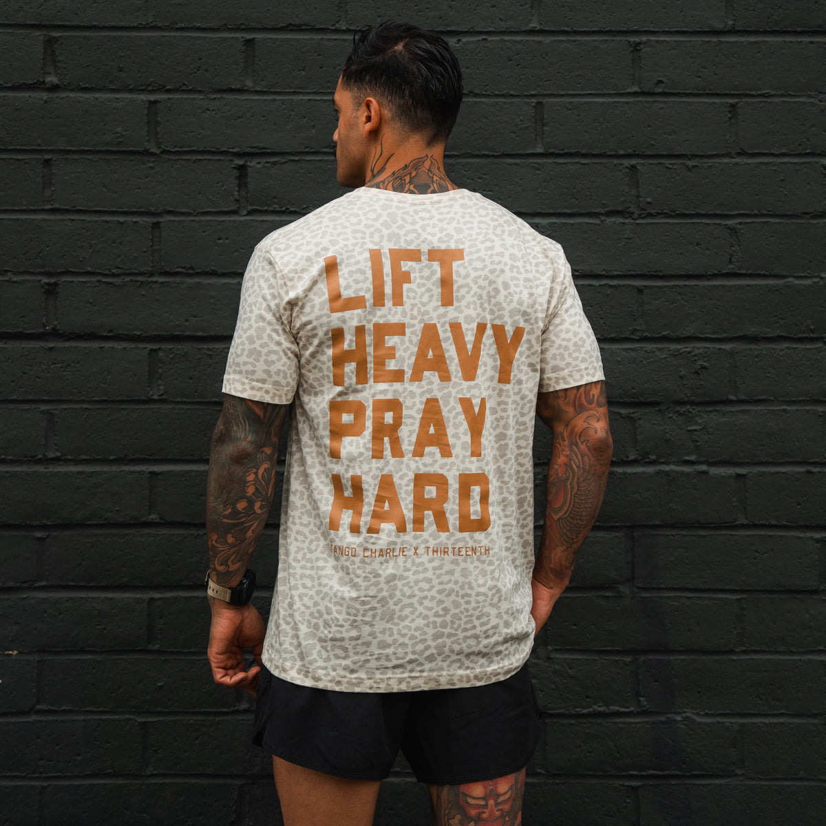 Lift Heavy. Pray Hard. Cream Leopard - Tee MENS UNISEX