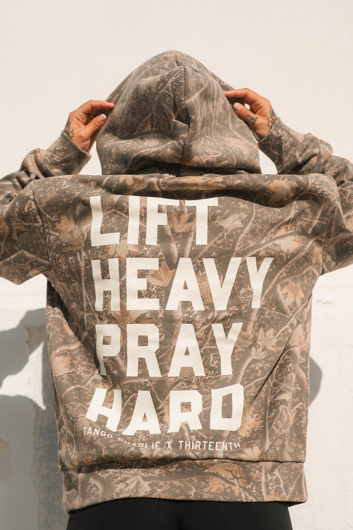 Lift Heavy. Pray Hard. - Premium Deadwood Camo Hoodie MENS UNISEX