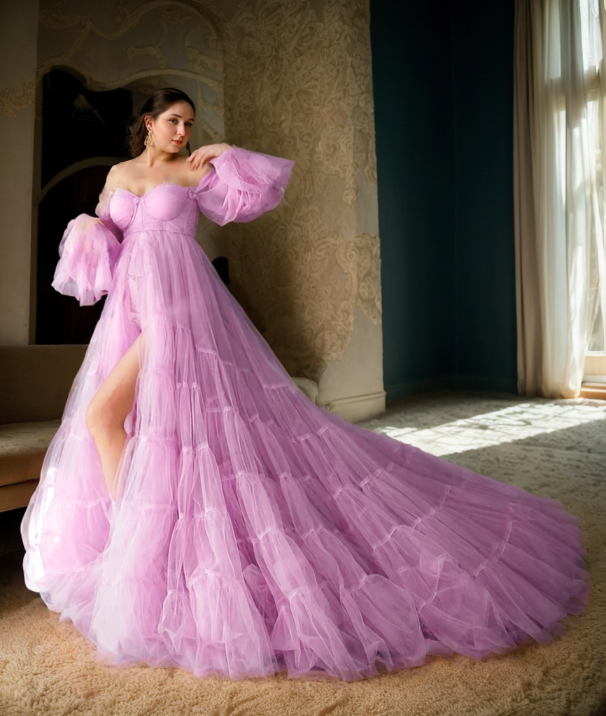 Elegant Robe Gown with Tiered Tulle and Off-Shoulder Design Multi Color Great for Maternity Photos and more